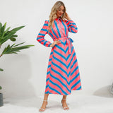 Women Date Dress Autumn and Winter Striped Printed Buttons Cinched Blouse Dress