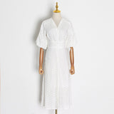 Women Dresses V-neck Lantern Sleeve Single Row Embroidery Hollow Dress (Qymy0409)