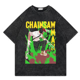 Washed retro T-shirt, chainsaw man cartoon print casual short sleeves