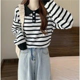 Women Knitwear Autumn and Winter Striped Polo Collar Knitwear Loose Retro Sweater