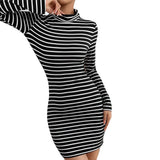 Women Dress Spring and Summer Sexy Backless Long Sleeves Knitted Striped Dress Hip Skirt
