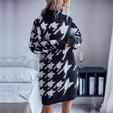 Women Knitted Sweater Autumn and Winter Turtleneck Loose Long Sleeve Houndstooth Woolen Skirt