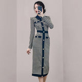 Women Maxi Dress Autumn and Winter Long Sleeve Plaid Knitted Dress