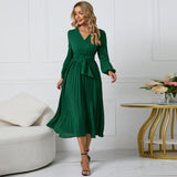 Women Date Dress Sexy V-neck Bubble Lantern Sleeve Pleated Skirt