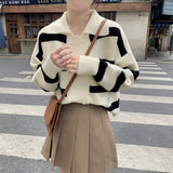 Women Knitwear Spring Polo Collar Stripes Sweater Loose Knitted Cardigan