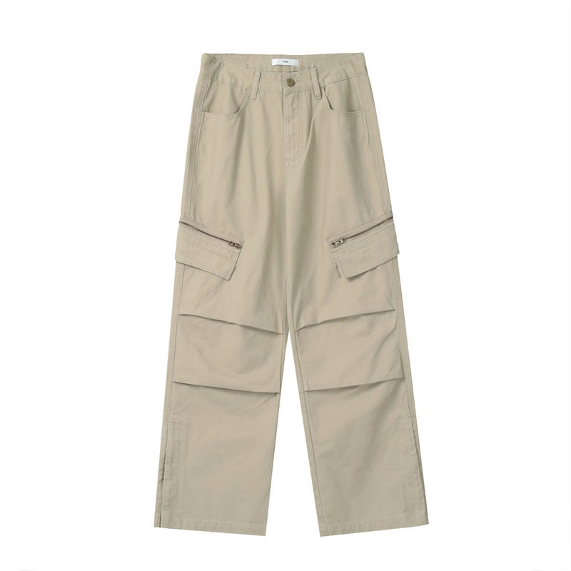 Men Sweatpants Zipper Slit Straight Cargo Pants Pleated Wide-Leg Pants