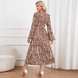 Women Date Dress Long Sleeve Dress Autumn and Winter Stand Collar Leopard Print Printed Dress Long Dress