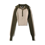 Women Sweater Knitwear Autumn Sexy Hot Girl High Collar Short Section Retro Contrast Color Raglan Knitted Coat