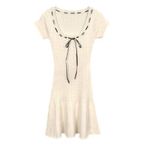 Women Dresses U-Neck Creamy-white Knitted Dress Skirt