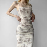 Women Dresses Summer Vintage Rose Printed Mesh Camisole Dress (Bla0420)