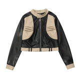 Women Jacket Color Matching Pleated Short PU Leather Jacket Women's Stand Collar Racing Suit Coat