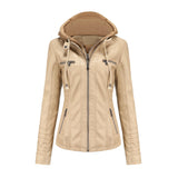 Red Leather Jacket Hooded Leather Jacket Two-Piece Detachable Leather Jacket Women's Spring and Autumn Coat Women's Pu