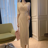 Women Dresses V-neck Lace-up Bowknot Half Sleeve Dress