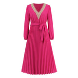 Women Date Dress Autumn and Winter V-neck Lace Pleated Lace-up Long Dress
