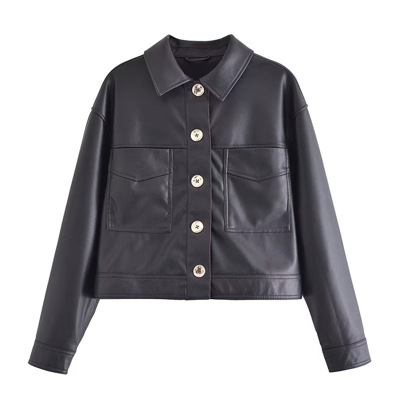 Women Leather Jacket Retro Lapels Double Pocket Shirt PU Leather Coat