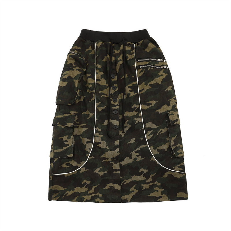 Women Long Skirt Camouflage Workwear Midi Skirt Multi-Pocket Multi-Button Zipper Skirt