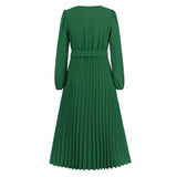 Women Date Dress Autumn and Winter V-neck Lace Pleated Lace-up Long Dress