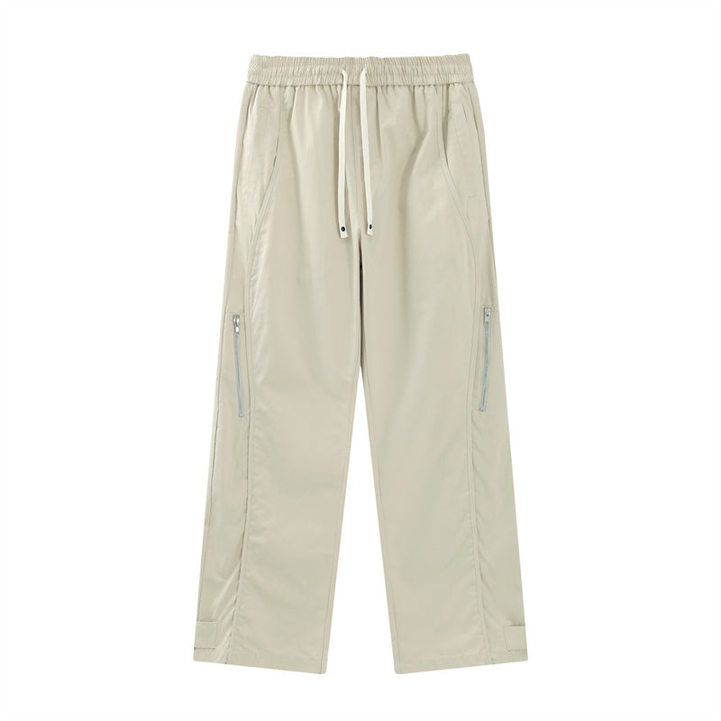 Men Sweatpants Zipper Casual Pants Men's Summer Loose Pure Cotton Straight Wide Leg Pants