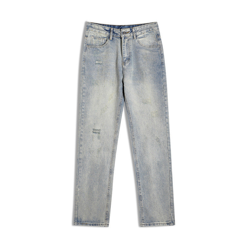 Men Jeans Straight Jeans Men's and Women's Retro Distressed Washed Loose Wide-Leg Pants