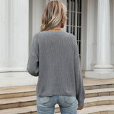 Women Knitted Sweater Autumn V-neck Gray Long Sleeves Women's Sweater Loose