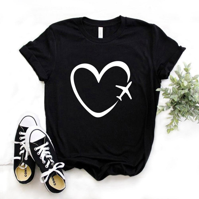 Travel plane heart love Print Women tshirt Cotton Casual