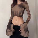 Women T-shirt Summer round Neck Pullover Horn Long Sleeves Cropped Casual