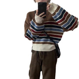 Women Knitwear Spring and Autumn Stripes round Neck Sweater Loose Cropped Sweater