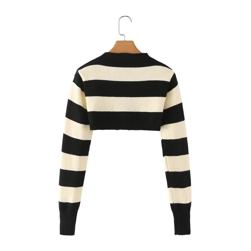 Women Sweater Knit Wear Striped Knitted Cardigan Winter High Waist Short Sweater