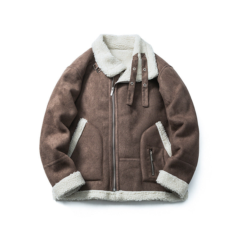 Unisex Winter Cotton Coat Suede Lapel Cotton-Padded Coat Vintage Pocket Decoration Warm-Keeping Cotton Clothing