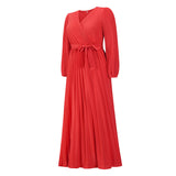 Women Date Dress V-neck Long Sleeve Pleated Dress
