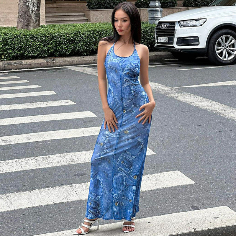 Women Dresses Summer Printed Sexy Backless Slim Fit Lace up Dress