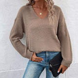 Women Knitted Sweater Autumn and Winter Long Sleeve Solid Color and V-neck Sweater