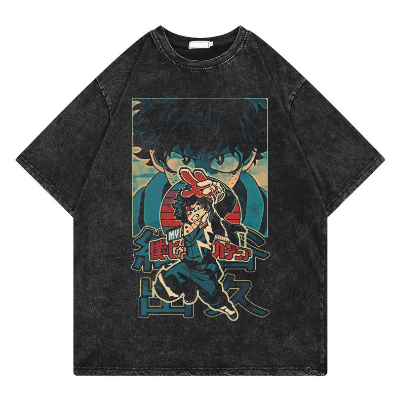 Washed retro T-shirt graphic casual cotton short sleeves