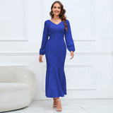 Women Date Dress V-neck Fishtail Skirt Elegant High Waist Evening Long Dress