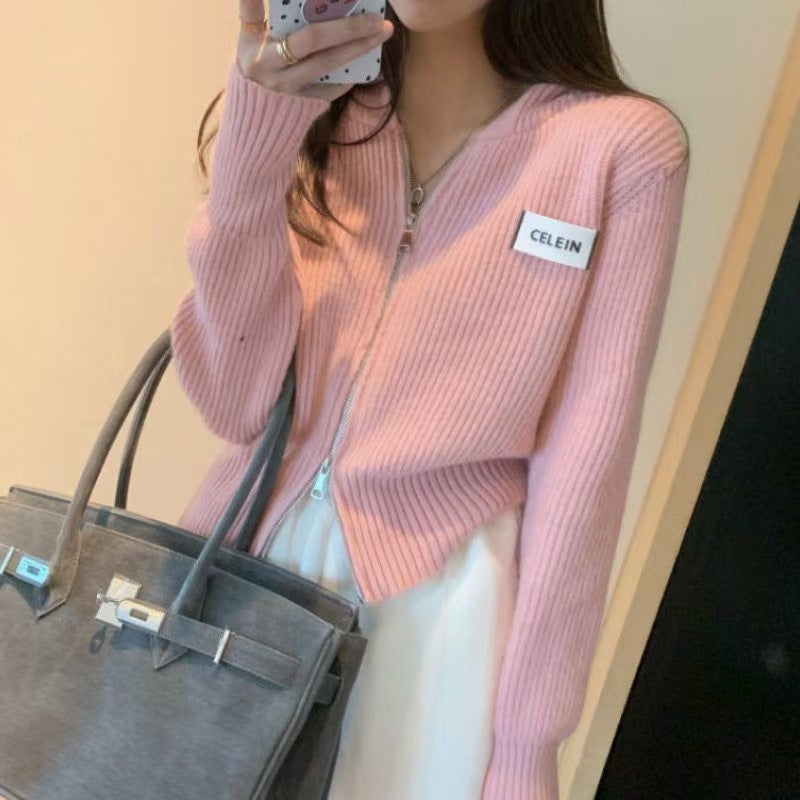 Women Knitted Cardigan Spring and Autumn Zipper Hooded Sweater