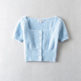 Women Sweater Knitwear Square Collar Short Sleeve T-shirt Spring and Summer Single-Breasted Top