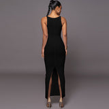 Women Dresses Summer U-Neck Split Sling Dress (Bla0420)