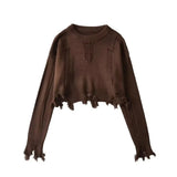Women Sweater Knitwear round Neck Ripped Fringed Burr Loose Long Sleeve Short Sweater