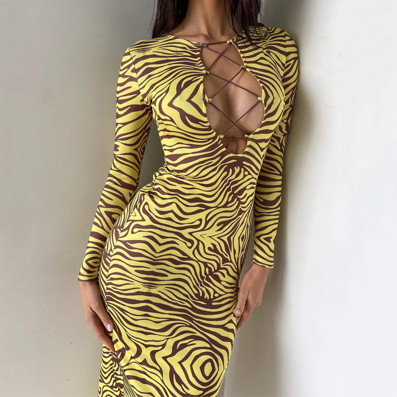 Women Dresses Winter Hollow out Long Sleeve Slim Fit Dress
