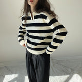 Women Winter Knitted Sweater Autumn and Winter Striped Sweater Lapel Sweater Casual Polo Collar 8t6723