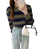 Women Knitted Pullover Loose Striped Coat Knitwear Autumn Sweater O-neck Short Top