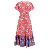 Women Date Dress Summer V-neck Ruffle Vintage Floral Beach Dress