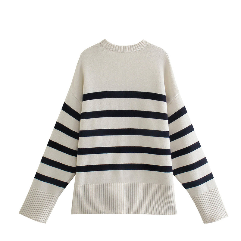 Women Sweater Knitwear Spring and Autumn Striped Long Sleeve round Neck Pullover Sweater for Women Split Sweater