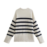 Women Sweater Knitwear Spring and Autumn Striped Long Sleeve round Neck Pullover Sweater for Women Split Sweater