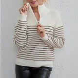 Women Knitted Sweater Autumn and Winter Turtleneck Striped Color Matching Long Sleeve Zipper Pullover Knitted Sweater