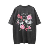 Men Vintage T-Shirt Rose Printed Short Sleeve T-shirt