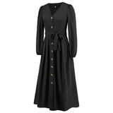 Women Date Dress Single-Breasted Cardigan Skirt V-neck Bubble Long Sleeve Dress