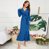 Women Date Dress Knitted Long Sleeve V-neck Lace-up Fishtail Skirt