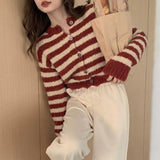 Women Knitwear Autumn Winter Retro Striped round Neck Sweaters Cardigan
