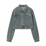 Women Jacket Color Diamond Inlaid Short Denim Jacket Lapel Embroidery Long Sleeve Jacket